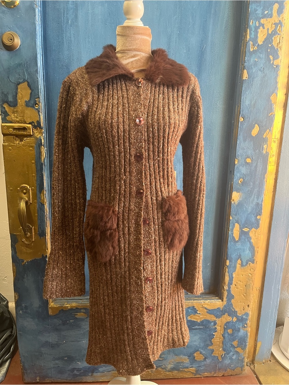 Brown Ribbed Knit Trench Coat with Fur Trim